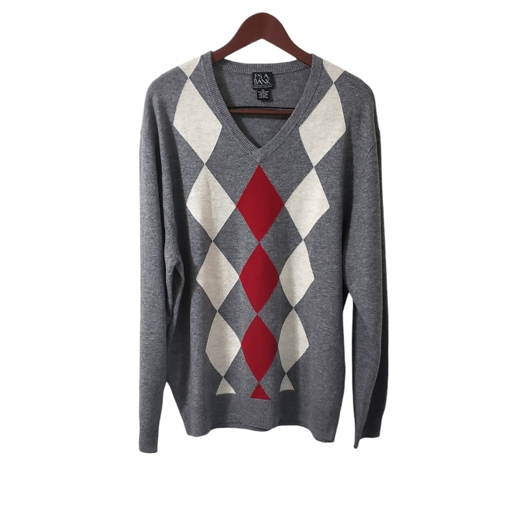 Jos.A.Banks Lambswool Blend Argyle V-Neck Sweater Sz‎ XL Grandpa Y2K Classic